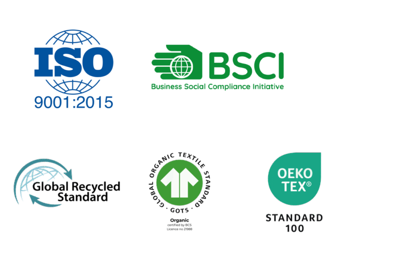 ISO 9001:2015, BSCI, Global Recycled Standard, GOTS and OEKO-TEX Standard 100 logos
